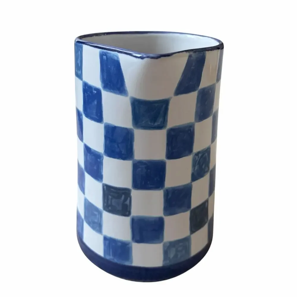 NEW Mackenzie Childs Indigo Check Pitcher 1.75 Qt Stoneware